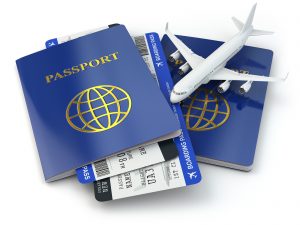 Travel concept. Passports, airline tickets and airplane. 3d