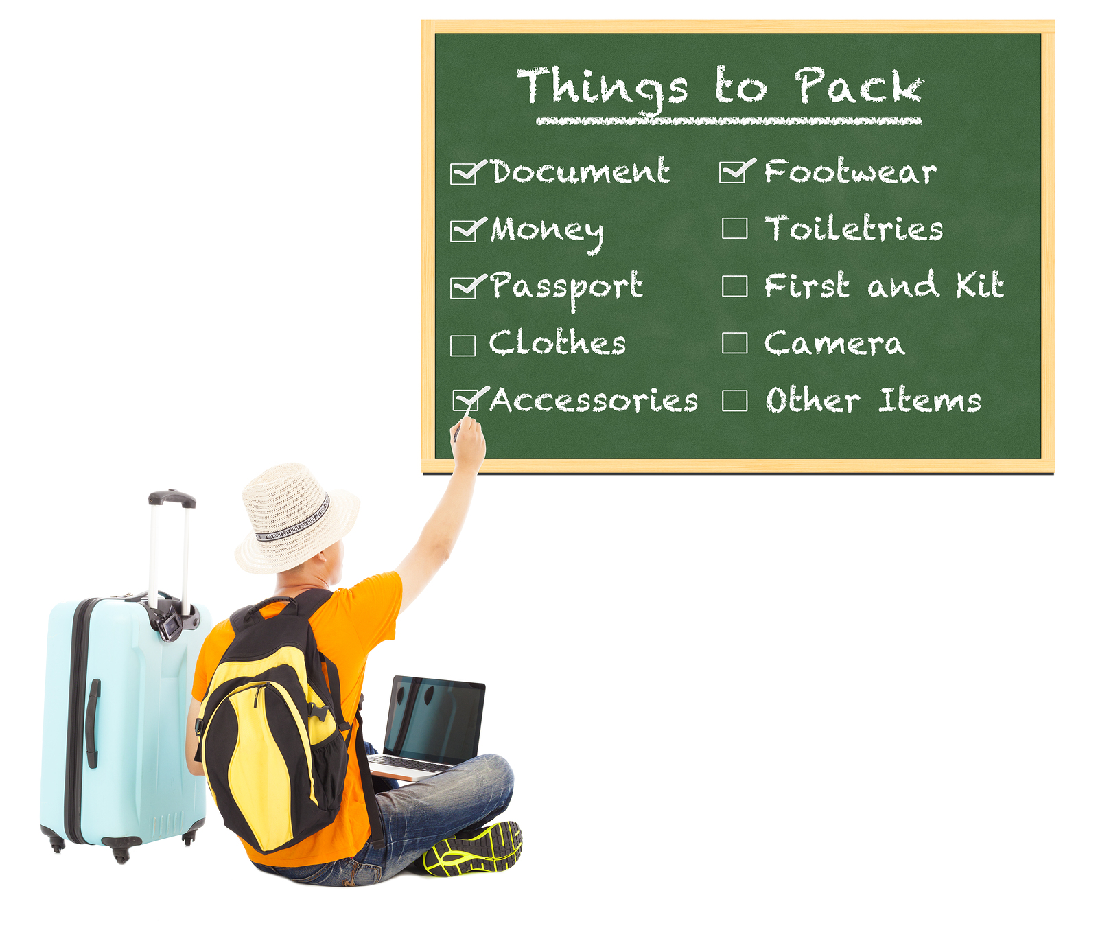 young backpacker check things to pack on blackboard